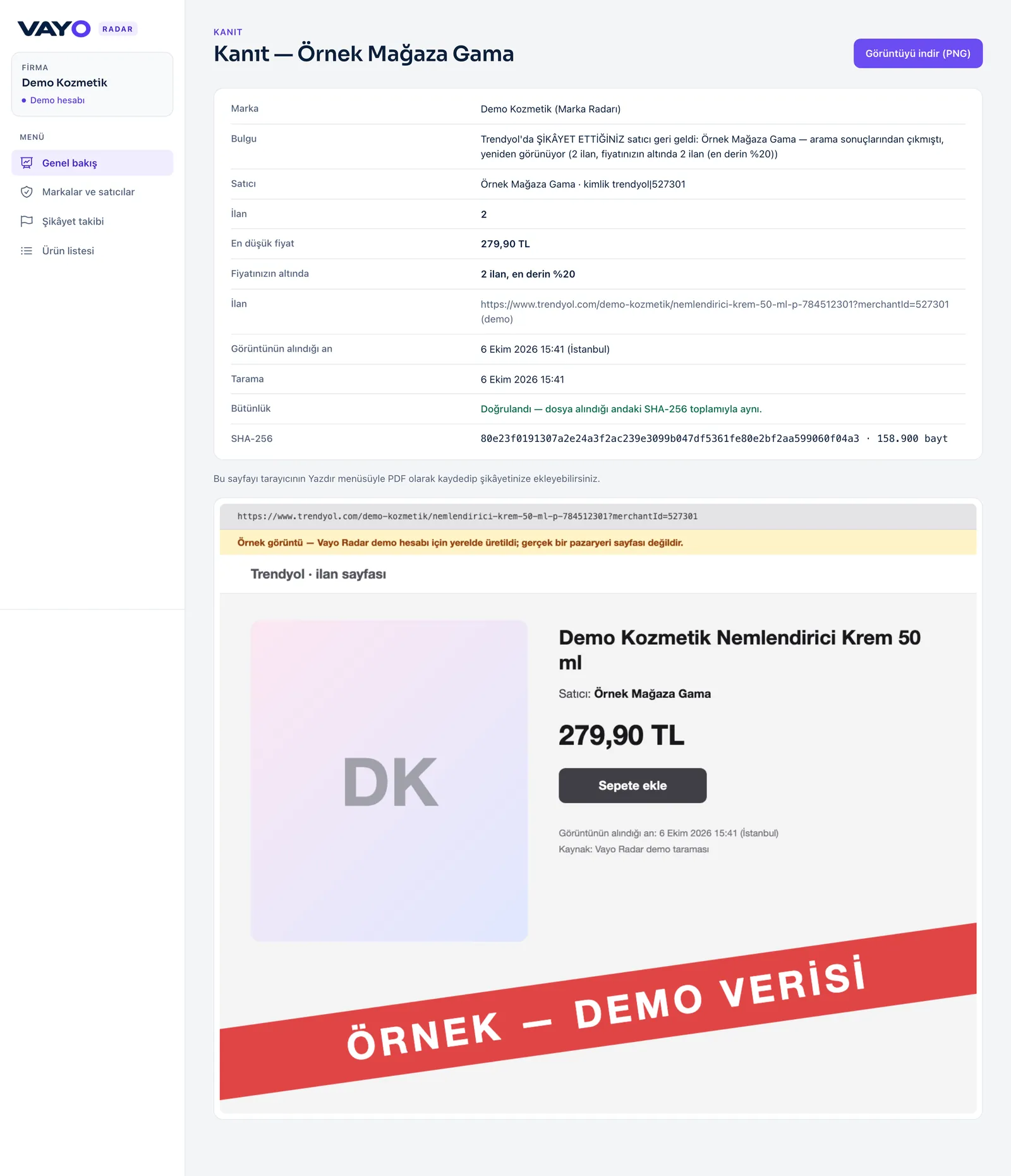 Kanıt sayfası: ilan bilgileri, görüntünün alındığı an, SHA-256 bütünlük denetimi doğrulandı ve ilan sayfasının örnek ekran görüntüsü.